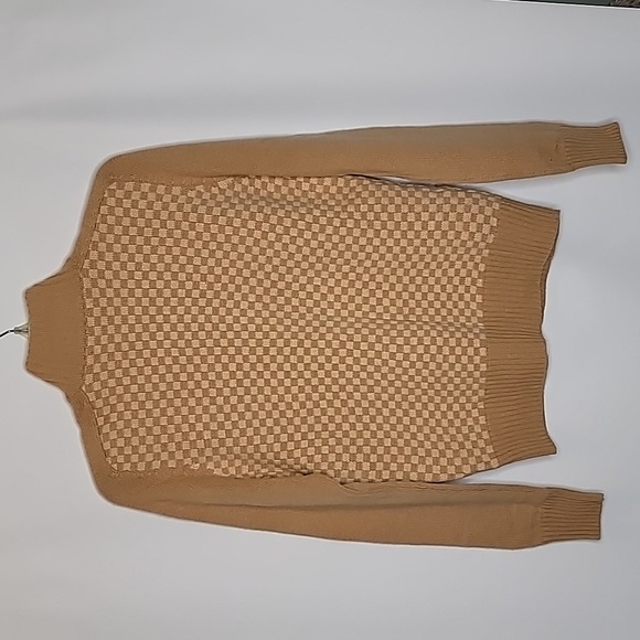 Saks Fifth Ave cashmere cardigan L sweater retro check zip front caramel cream - Picture 2 of 9